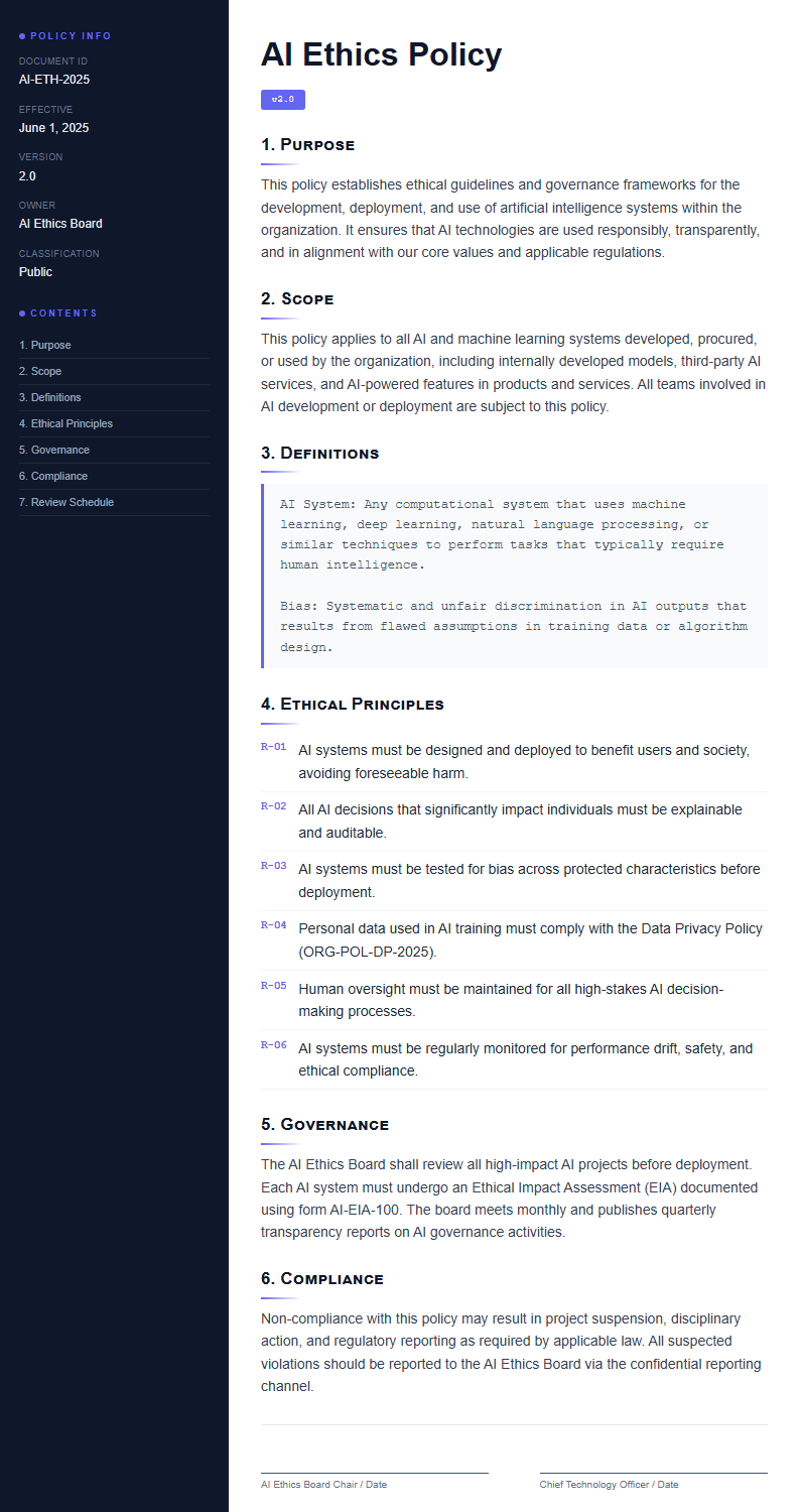 Tech startup policy with dark sidebar